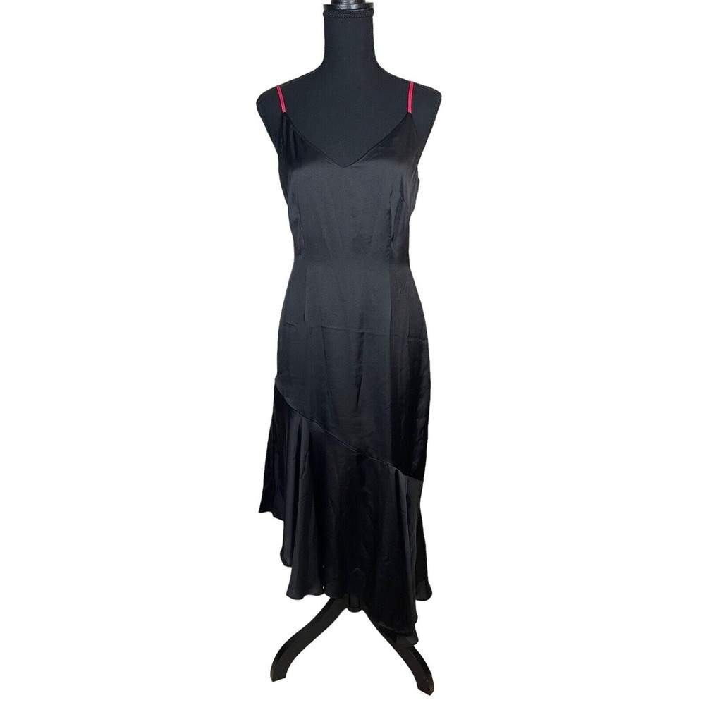 White House Black Market Black Asymmetrical Ruffle Hem Dress Pink Straps Size 2